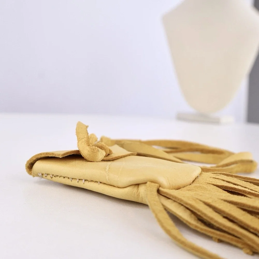 Handmade Buckskin Leather Medicine Bag Necklace Fringed Pouch Tan Leather 19